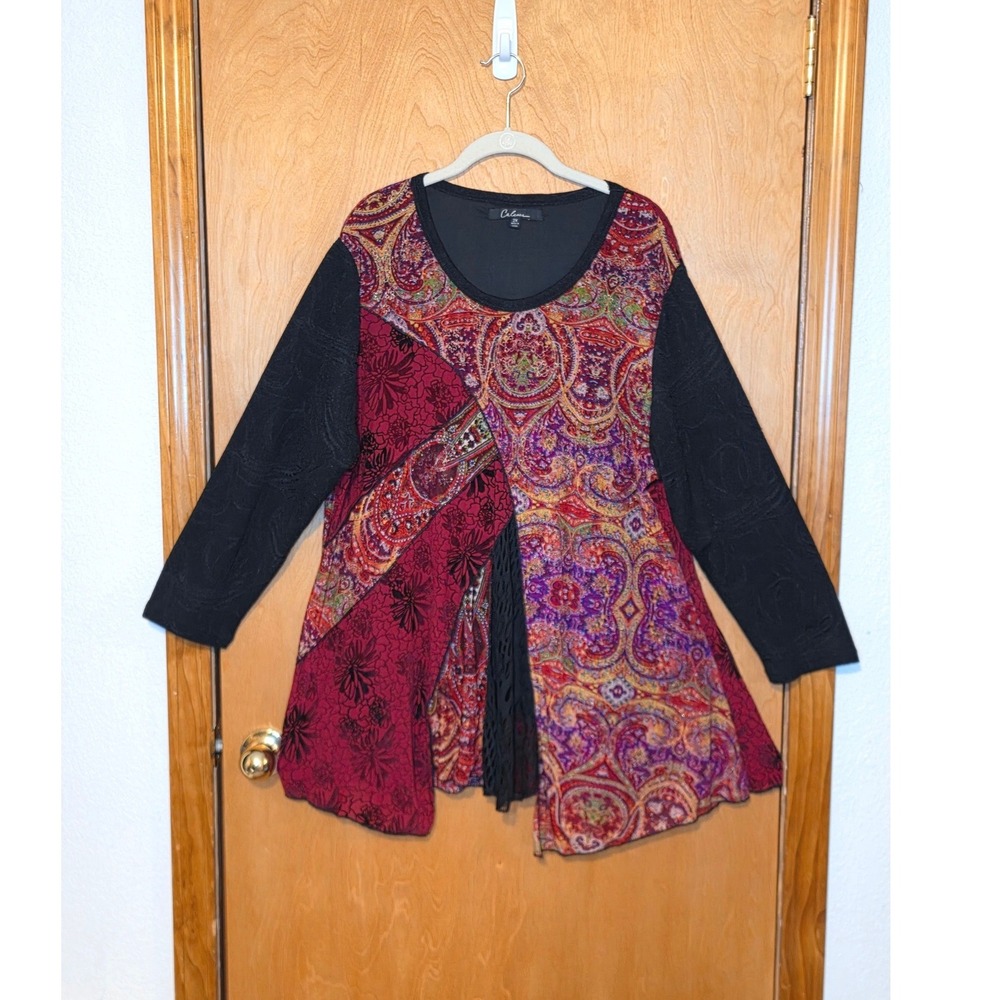 Calessa Women 2X Mixed Media Patchwork Paisley Floral Tunic Top Lagenlook Boho